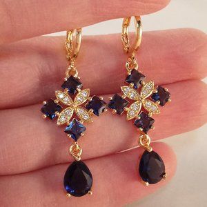 18K Yellow Gold Filled Navy Blue Diamond Zircon Flower Dangle Earrings Gift